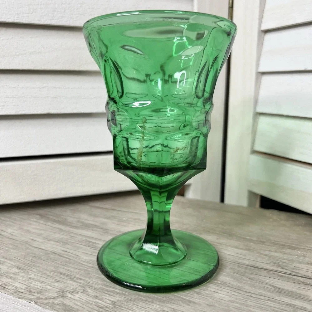 Vintage Green Pressed Glass Goblet‎ Textured Optic Panel Wine Water Glass *READ